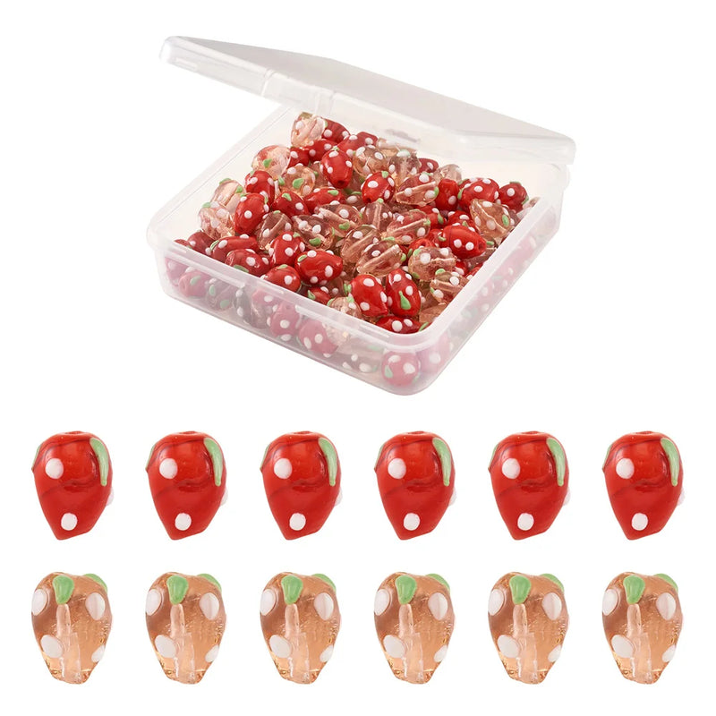 100Pcs Red & Pink Strawberry Lampwork Beads Rondelle Spacer Charms