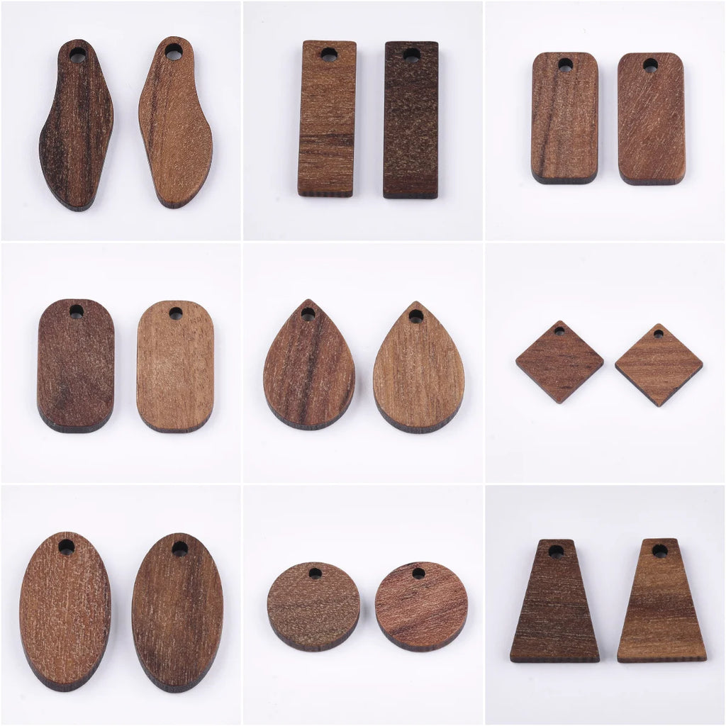 100Pcs Walnut Wood Pendants Geometric Wooden Teardrop Charms