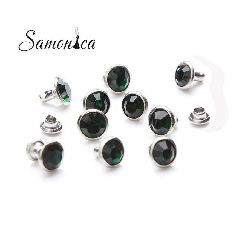 100 Sets 8mm Emerald Crystal Rhinestones Rivets Metal Base Studs