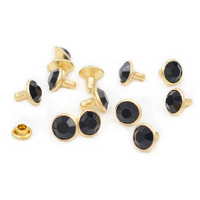 100 Sets 8mm Golden Crystal Rhinestone Rivets Studs Clothing Bag Leathercraft