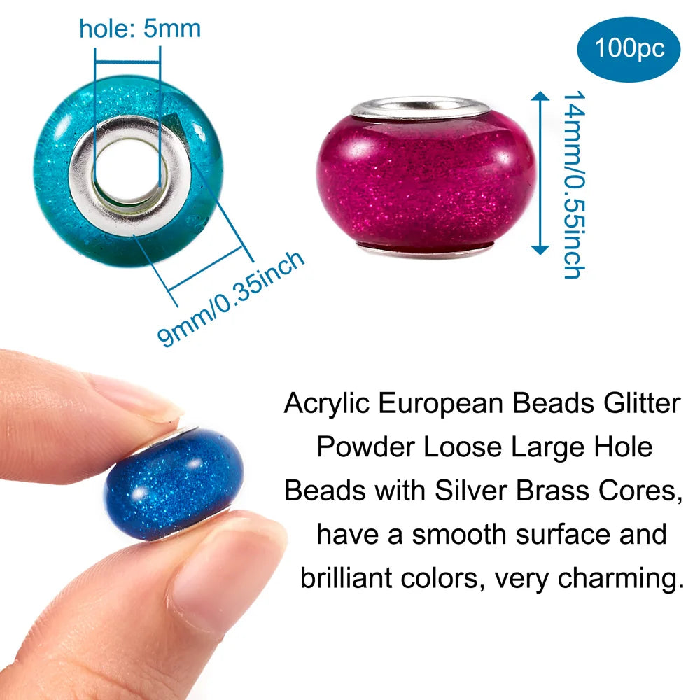 100pc Acrylic European Beads Glitter Charm Bead Large Hole Mixed Cores 14x9mm