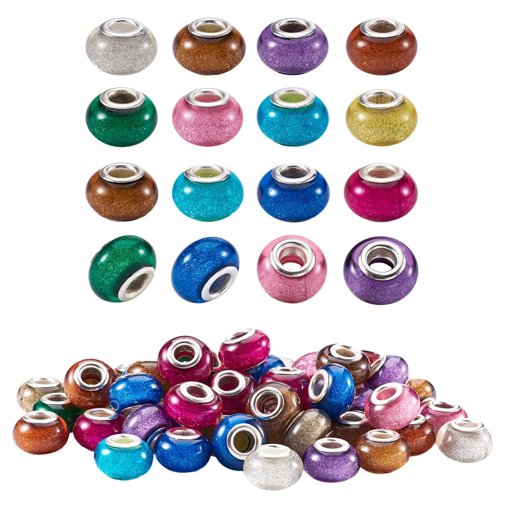 100pc Acrylic European Beads Glitter Charm Bead Large Hole Mixed Cores 14x9mm