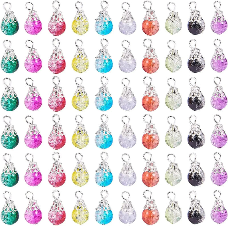 100pc Crystal Dangle Charms Glass Beads Silver Bead Cap Pendant