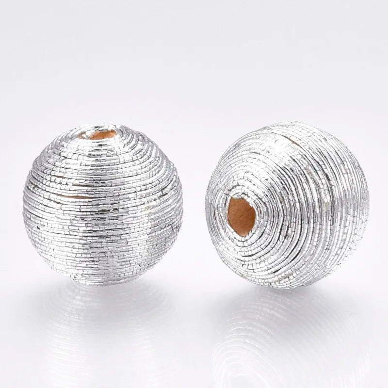 100pcs Polyester Cord Fabric Round Beads Wood Inside F50