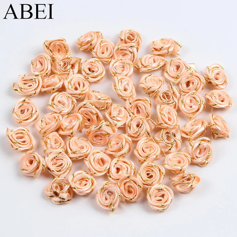 100pcs 18mm Mini Rose Flower Satin Ribbon DIY Wedding Scrapbook Decoration