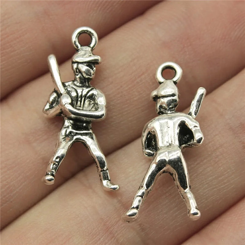 100pcs Baseball Player Charms Antique Silver Findings Jewelry Making