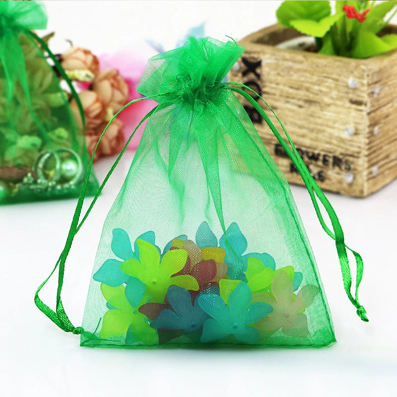 100pcs 9*12cm Grass Green Organza Gift Bag Drawstring Pouch