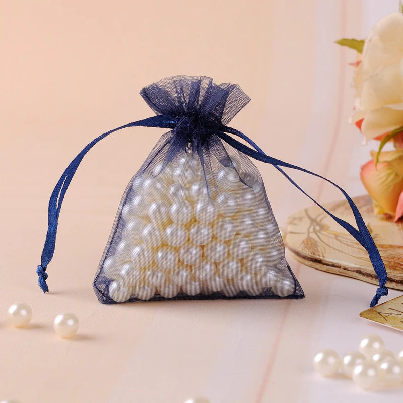 100pcs 9x12cm Deep Navy Organza Drawstring Pouches Logo Printing
