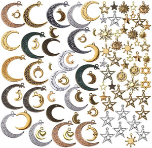 100pcs Celestial Charm Mixed Sun Moon Star Pentagram Pendants DIY Jewelry Making