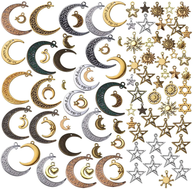 100pcs Celestial Charm Mixed Sun Moon Star Pentagram Pendants DIY Jewelry Making