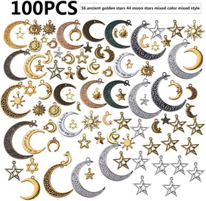 100pcs Celestial Charm Mixed Sun Moon Star Pentagram Pendants DIY Jewelry Making