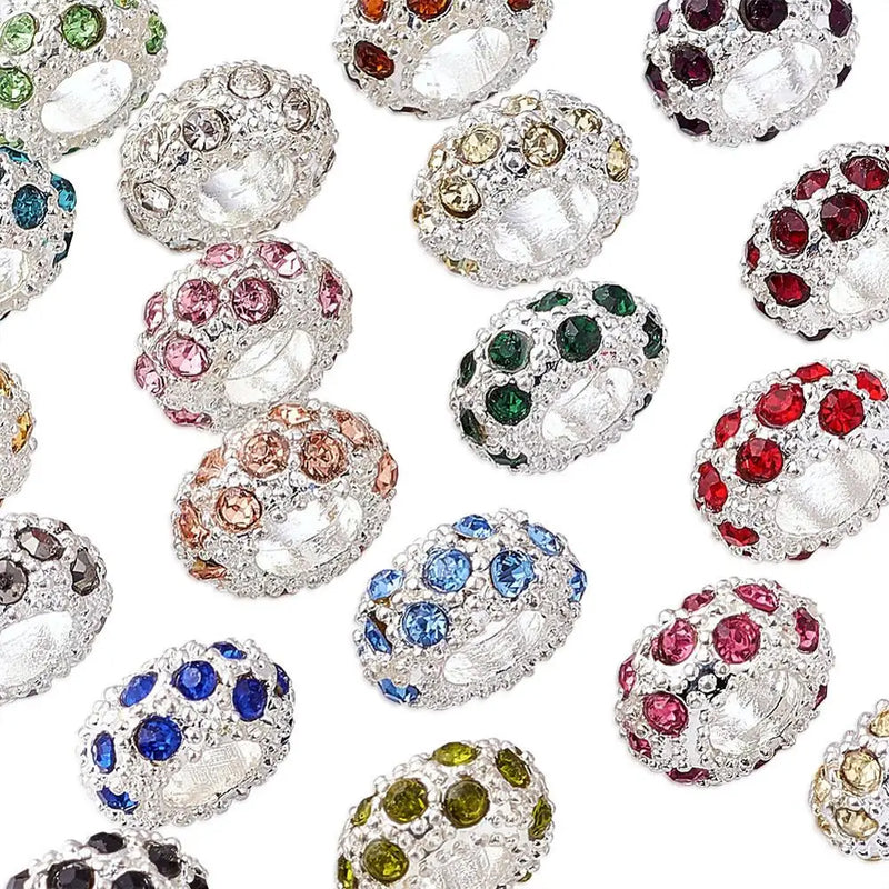 100pcs Alloy Rhinestone European Beads Mixed Color 11x6mm