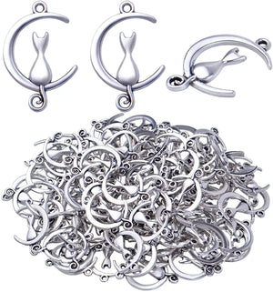 100pcs Silver Cat in Moon Charms Celestial Pendants DIY Jewelry Making