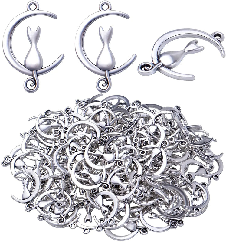 100pcs Silver Cat in Moon Charms Celestial Pendants DIY Jewelry Making