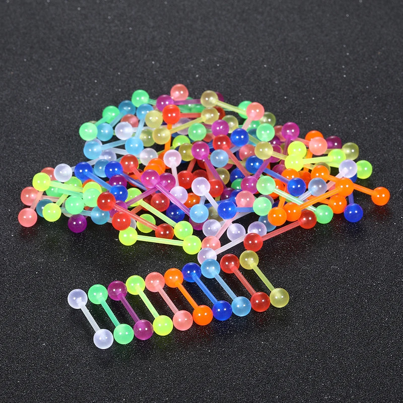 100pcs Luminous Bioflex Nipple Barbell 14G Flexible Tongue Piercing Bar