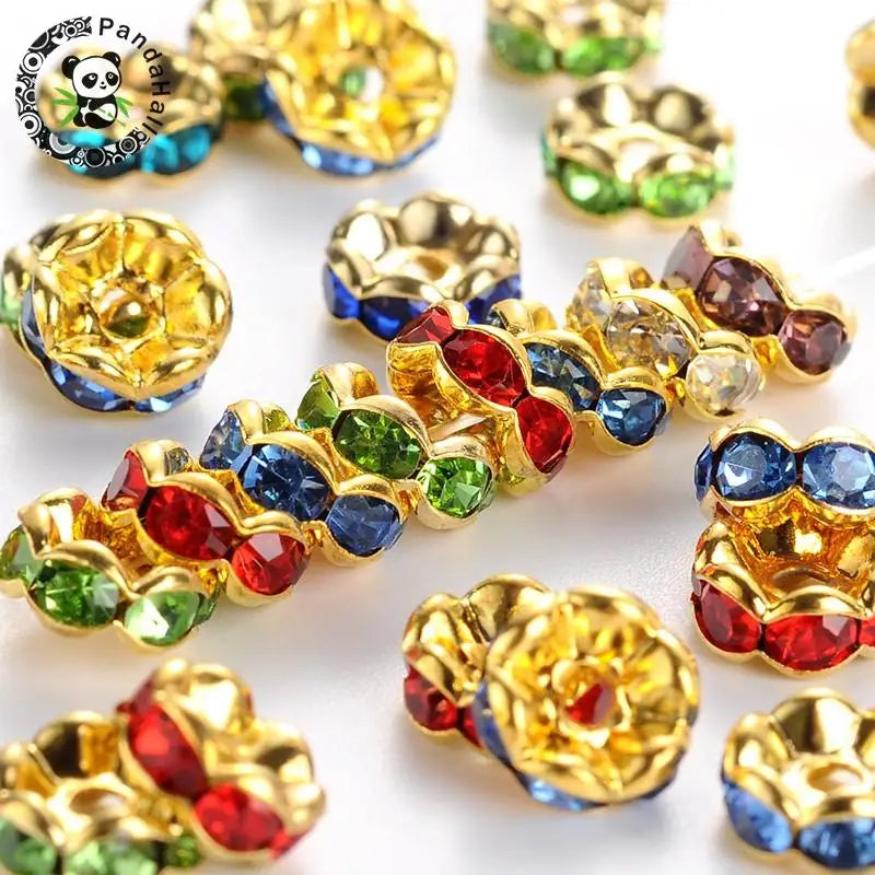 100pcs Mixed Brass Rhinestone Spacer Beads, 7mm Rondelle, Golden and Nickel