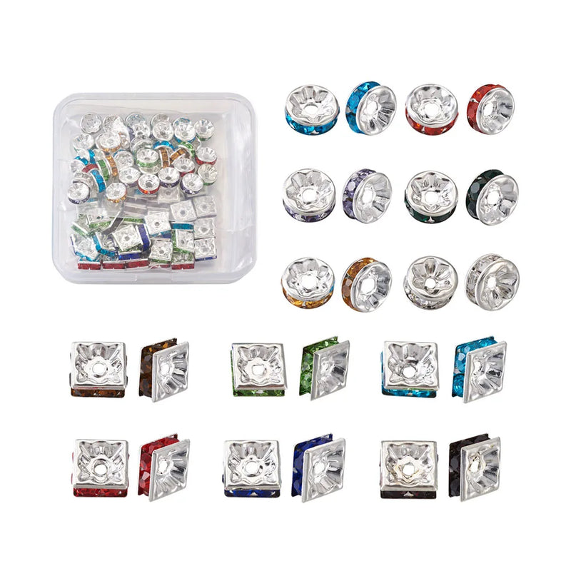 100pcs Brass Rhinestone Spacer Beads Silver Plated for Jewelry Making DIY
