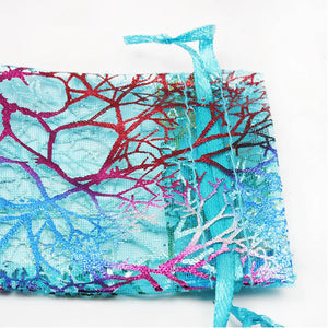 100pcs Coral Print Drawstring Bags Silk Organza Gift Pouch