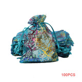 100pcs Coral Print Drawstring Bags Silk Organza Gift Pouch