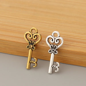 100pcs Tibetan Silver/Gold Heart Key Charms Beads DIY Necklace Jewelry Making