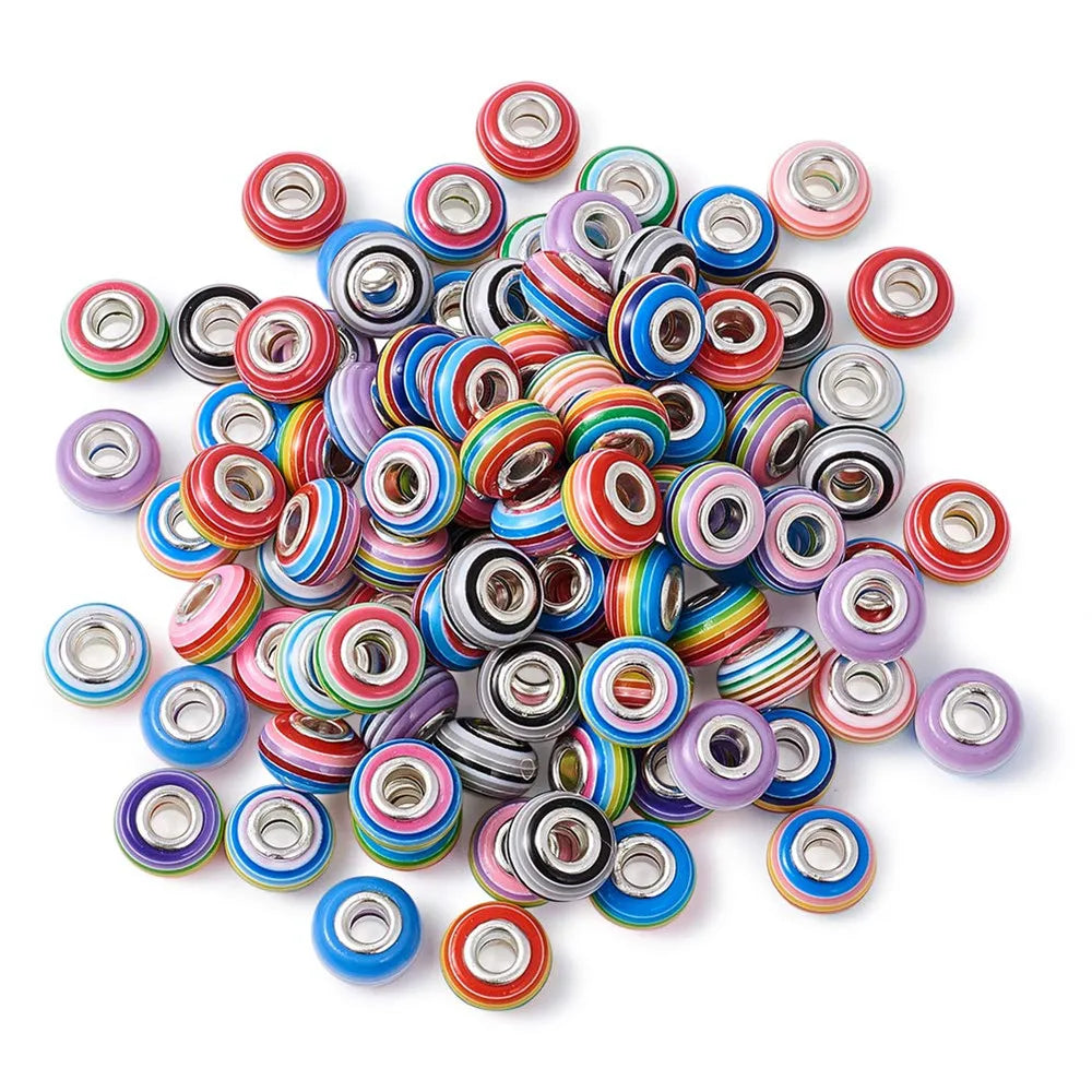 100pcs Resin Striped Large Hole Rondelle European Beads - 14x8~8.5mm