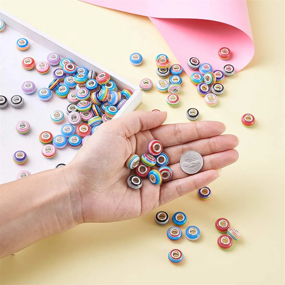 100pcs Resin Striped Large Hole Rondelle European Beads - 14x8~8.5mm