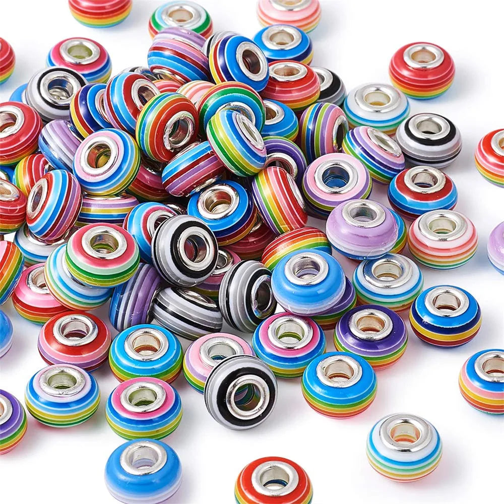 100pcs Resin Striped Large Hole Rondelle European Beads - 14x8~8.5mm