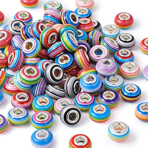 100pcs Resin Striped Large Hole Rondelle European Beads - 14x8~8.5mm