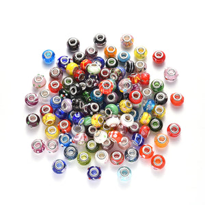 100pcs Mix Pattern Lampwork European Beads Large Hole Rondelle Beads