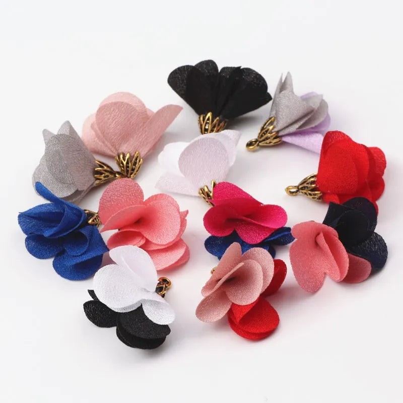 100pcs Mixed Fabric 23mm Flower Tassel Pendants For DIY Crafts