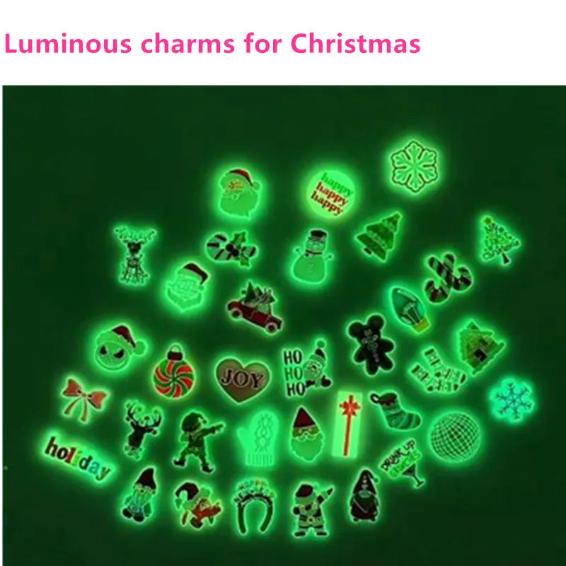 100pcs Luminous Christmas Holiday Shoe Charm OPB098 PVC Snowman Deer Santa