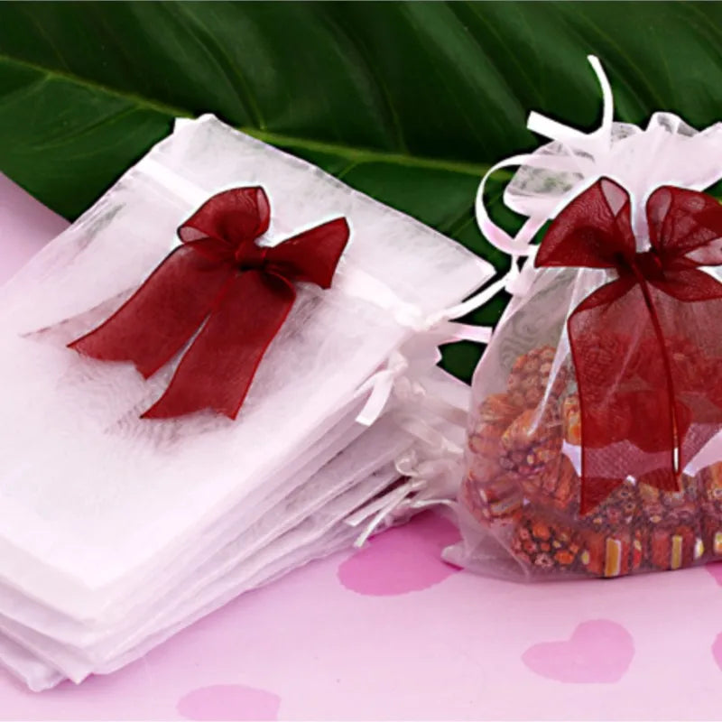 100pcs Organza Bags Bow Drawstring Pouch Jewelry Gift Bags 10x12cm