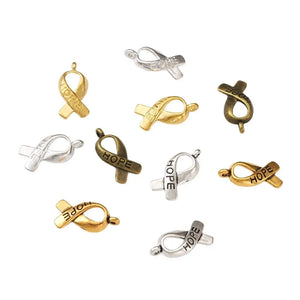 100pcs Tibetan Style Hope Cancer Awareness Ribbon Charms