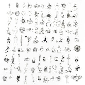 100pcs Tibetan Silver Mixed Animal Leaf Key Crown Charms Alloy Metal Pendants