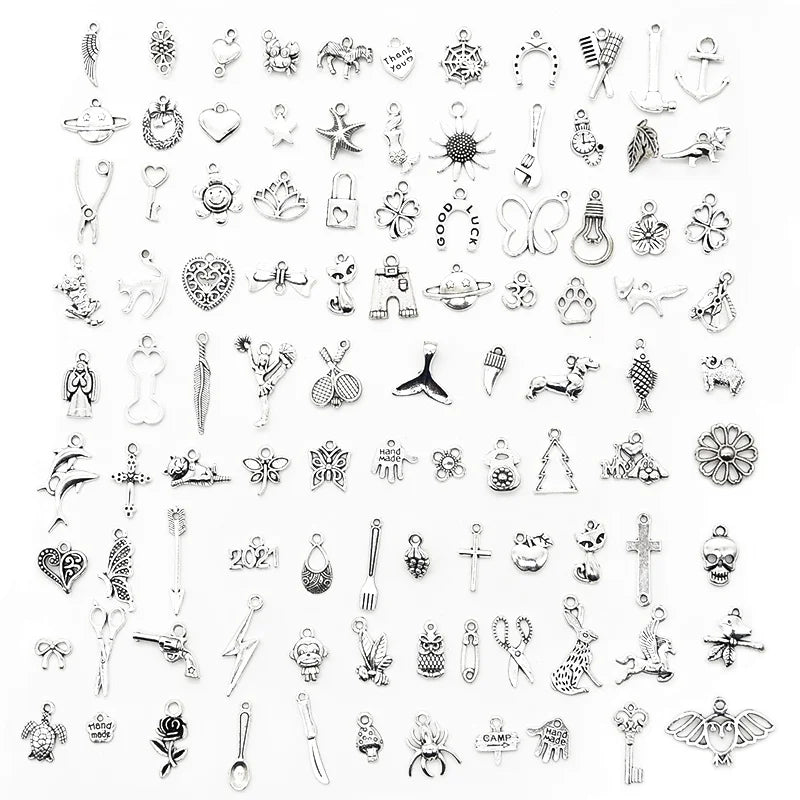 100pcs Tibetan Silver Mixed Animal Leaf Key Crown Charms Alloy Metal Pendants