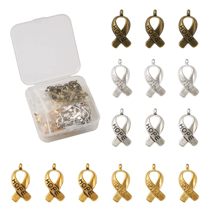100pcs/box Breast Cancer Awareness Ribbon Charms Pendant Hope Tibetan Style