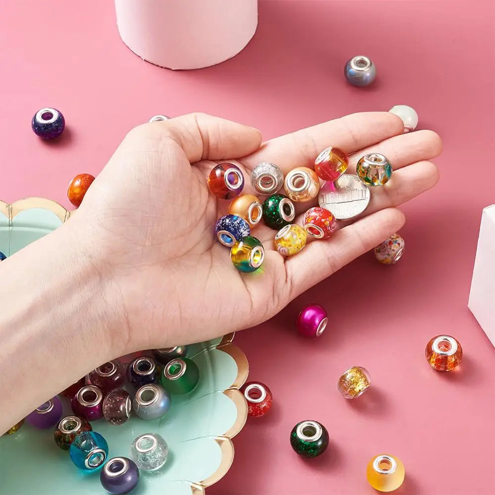 100pcs European Lampwork Large Hole Beads & Glass Rondelle Mix