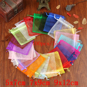 100pcs Organza Bags 5x7 7x9 9x12cm Drawstring Gift Pouches 20 Colors