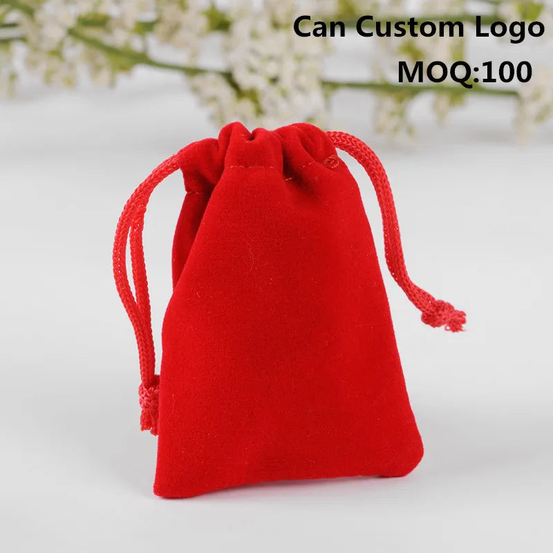 100pcs Red Velvet Jewelry Bag Beads Packaging Small Drawstring Coin Bag