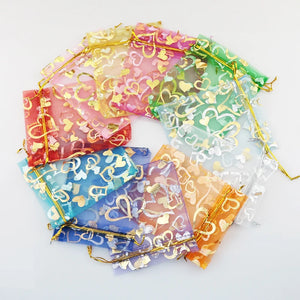 100pcs 7*9cm Multicolor Organza Bags Heart Wedding Drawstring Gift Bag