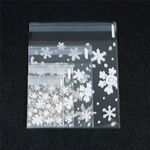100pcs Merry Christmas Transparent Snowflake Gift Bags Self-adhesive Cookie Bags