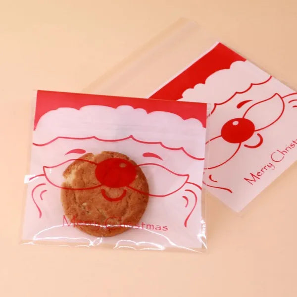100pcs Transp. Biscuits Pouches 10x10+3cm Santa Claus Pattern Self-Adhesive Bags