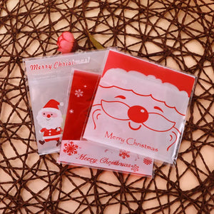100pcs Transp. Biscuits Pouches 10x10+3cm Santa Claus Pattern Self-Adhesive Bags