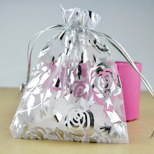 100pcs Rose Print Organza Bag 9x12cm Drawstring Pouch
