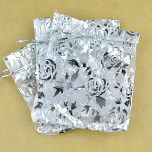100pcs Rose Print Organza Bag 9x12cm Drawstring Pouch