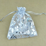 100pcs Rose Print Organza Bag 9x12cm Drawstring Pouch