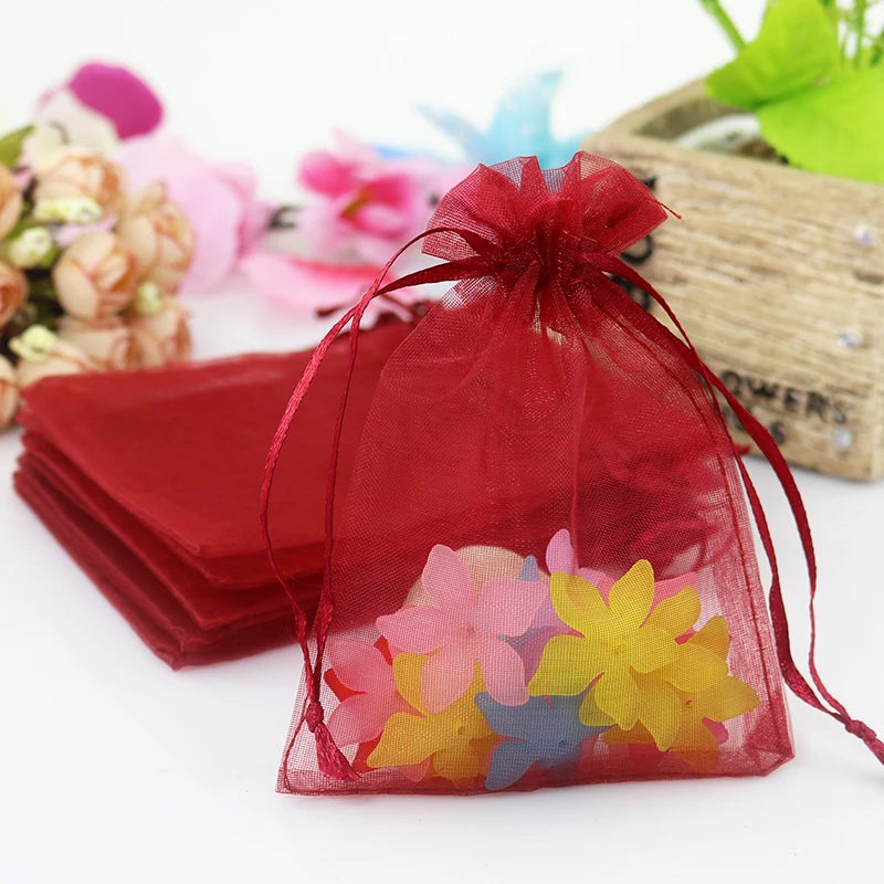 100pcs Burgundy Wine Red Organza Bag Drawstring Packaging Wedding Party Gift