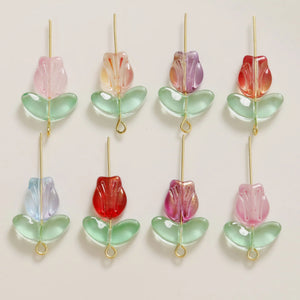 100pcs Glitter Cartoon Tulip Flower Glass Beads DIY Jewelry Accessory