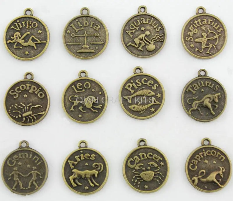 100pcs Mixed Zodiac Horoscope Charms Pendants Antique Bronze 20x18mm