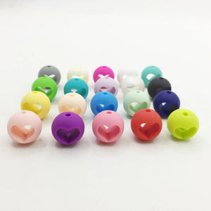 100pcs Silicone Teething Beads 15mm Round with Heart Shape